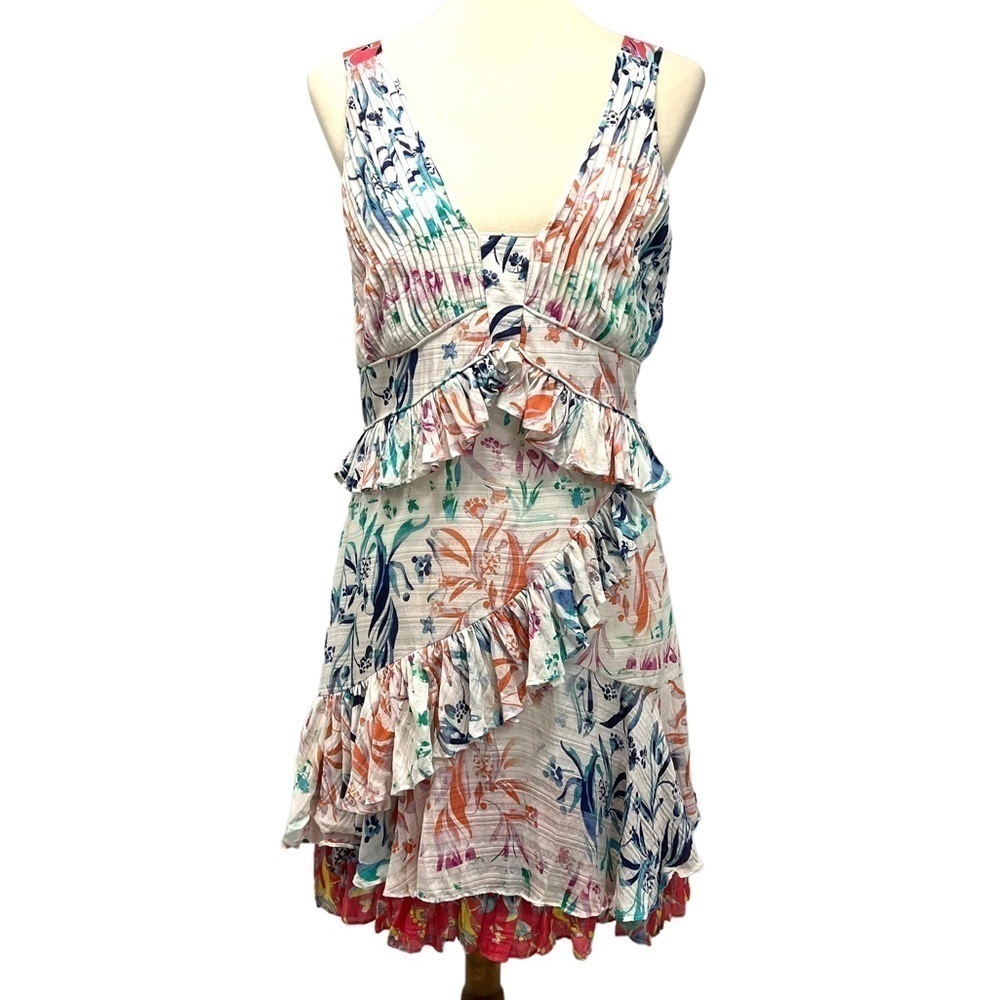 Tanya Taylor Eva Floral Silk Ruffle Mixed Print Mini Dress Women’s 8 - Picture 3 of 15